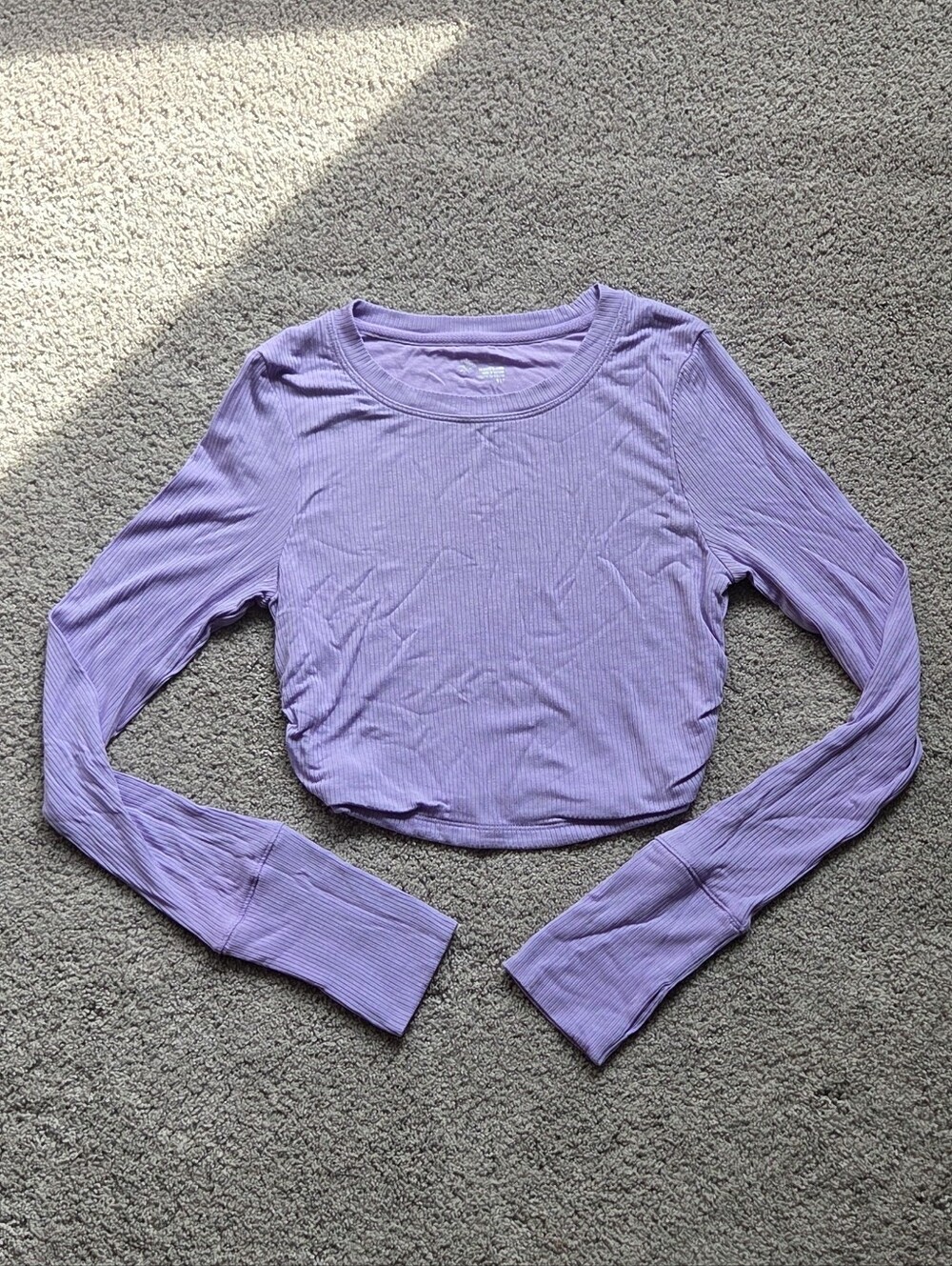 OFFLINE by Aerie Purple Ribbed Lined Ruched Long Sleeve Crop Top Size S Soft Gir